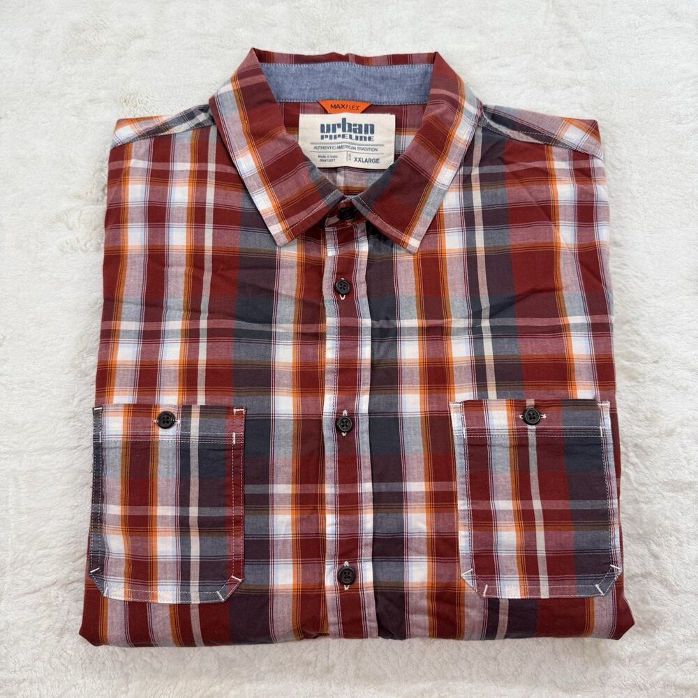 Urban Pipeline Men’s Maxflex Button-Up Long Sleeve Shirt Orange Plaid Size 2XL